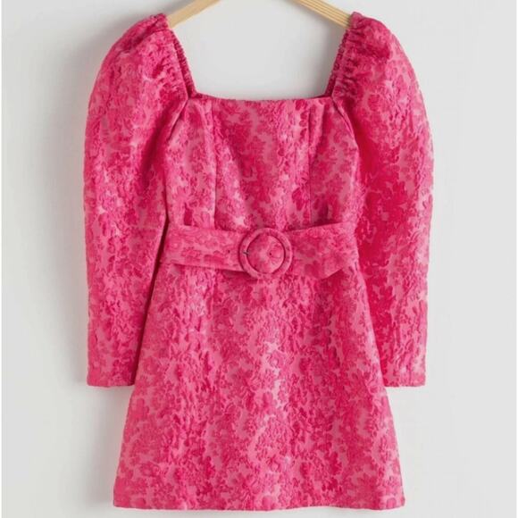 & OTHER STORIES Jacquard Puff Sleeve Belted Mini Dress Pink Sz 6 {D53} - Picture 4 of 8